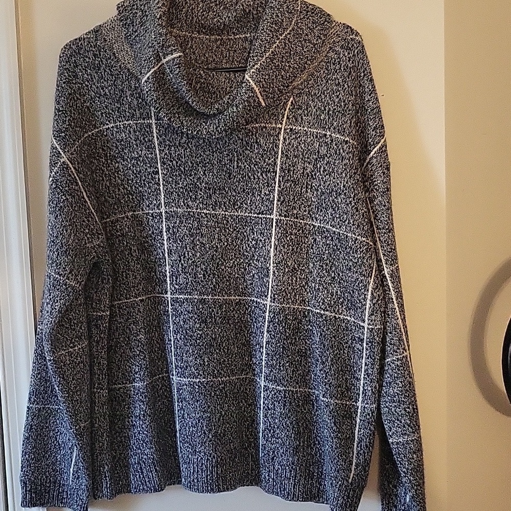 Zoe+Phoebe cowl neck lattice striped heather blue sweater